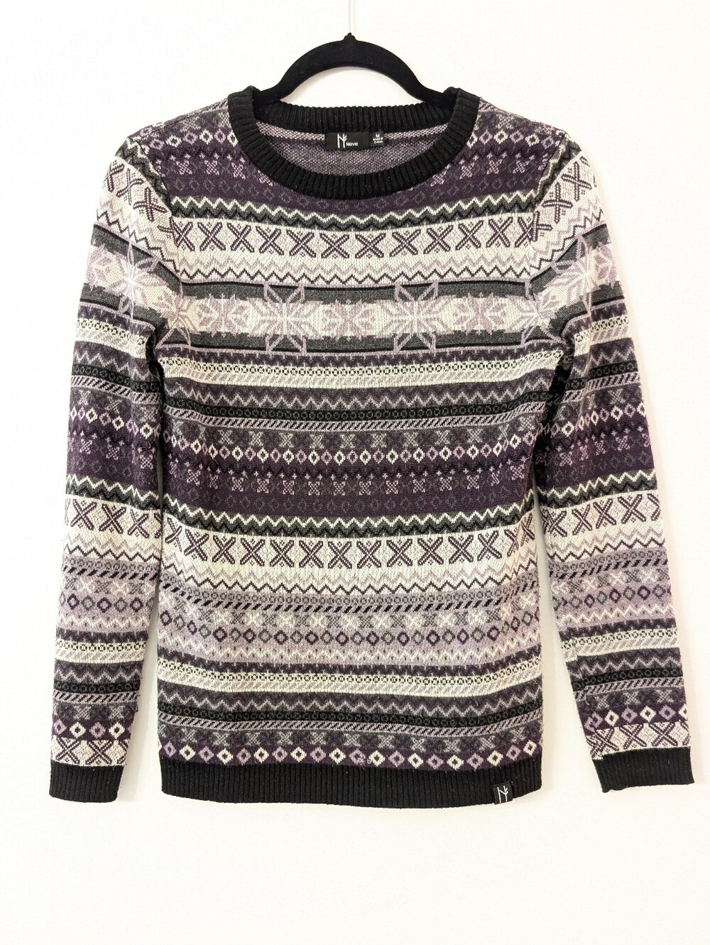 Neve Fair Isle Nordic Patterned Crewneck Sweater Size M Purple Gray Wool Blend